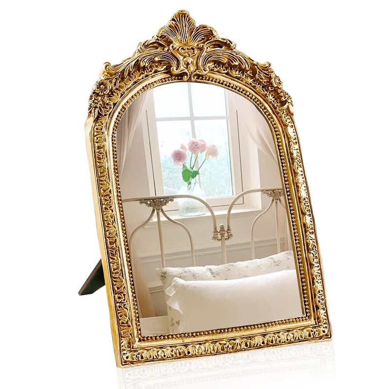 YUSONG Vintage Makeup Desk Mirror  7 Gold Antique Mirror for Tabletop Resin Frame Decorative Wall Art for Living Room Bedroom Decor Vanity Table